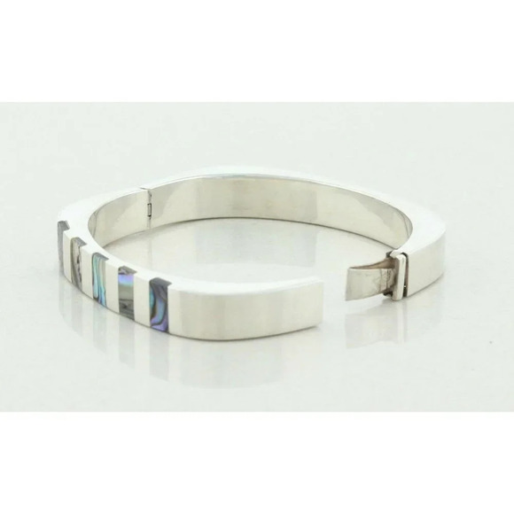Sterling Silver Abalone Square Bangle Bracelet 7" inch Square 2 3/8" Diameter - Picture 4 of 7